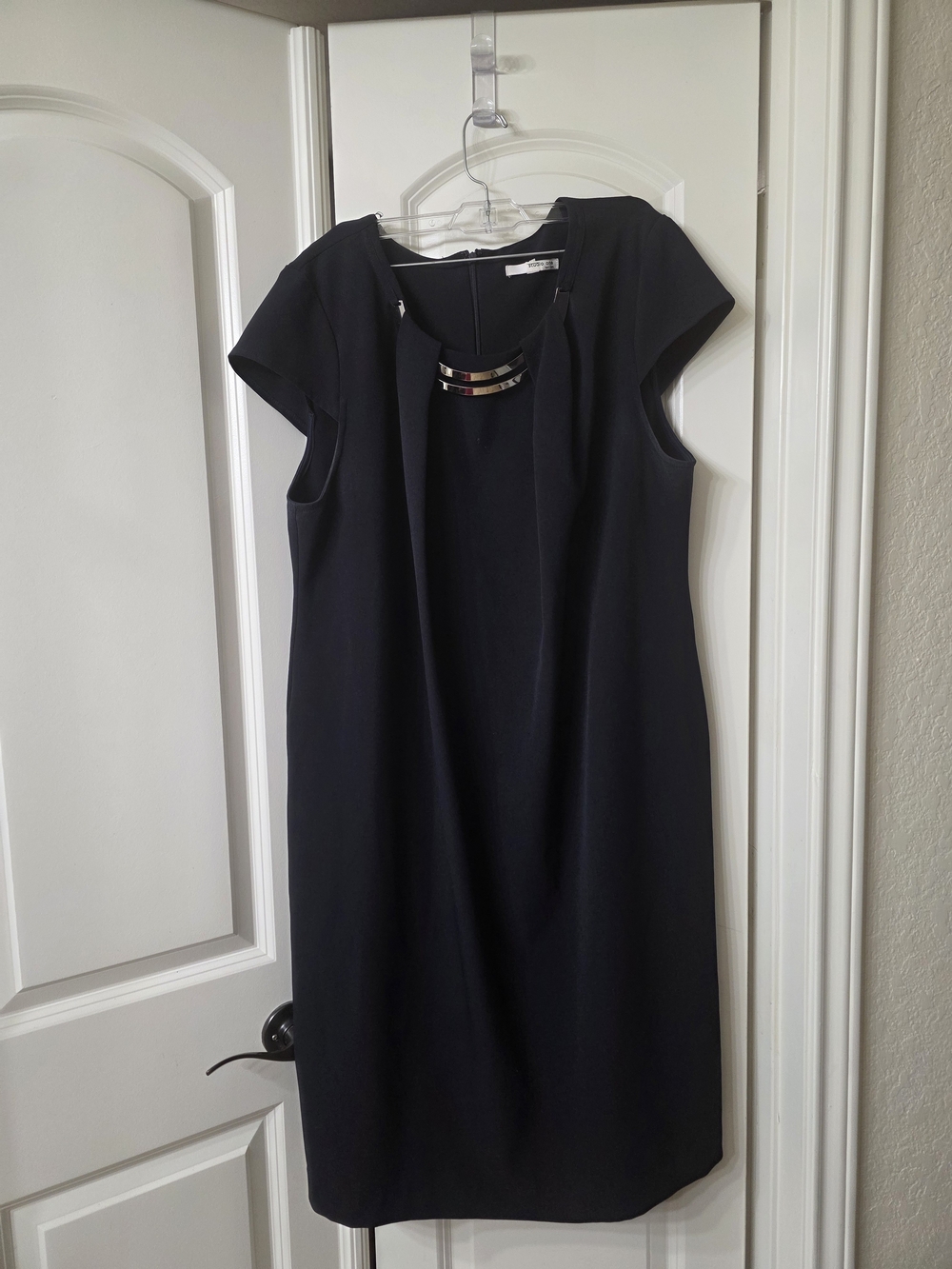 Calvin Klein Black Knee-Length Cap Sleeve Sheath Dress with Necklace Detail